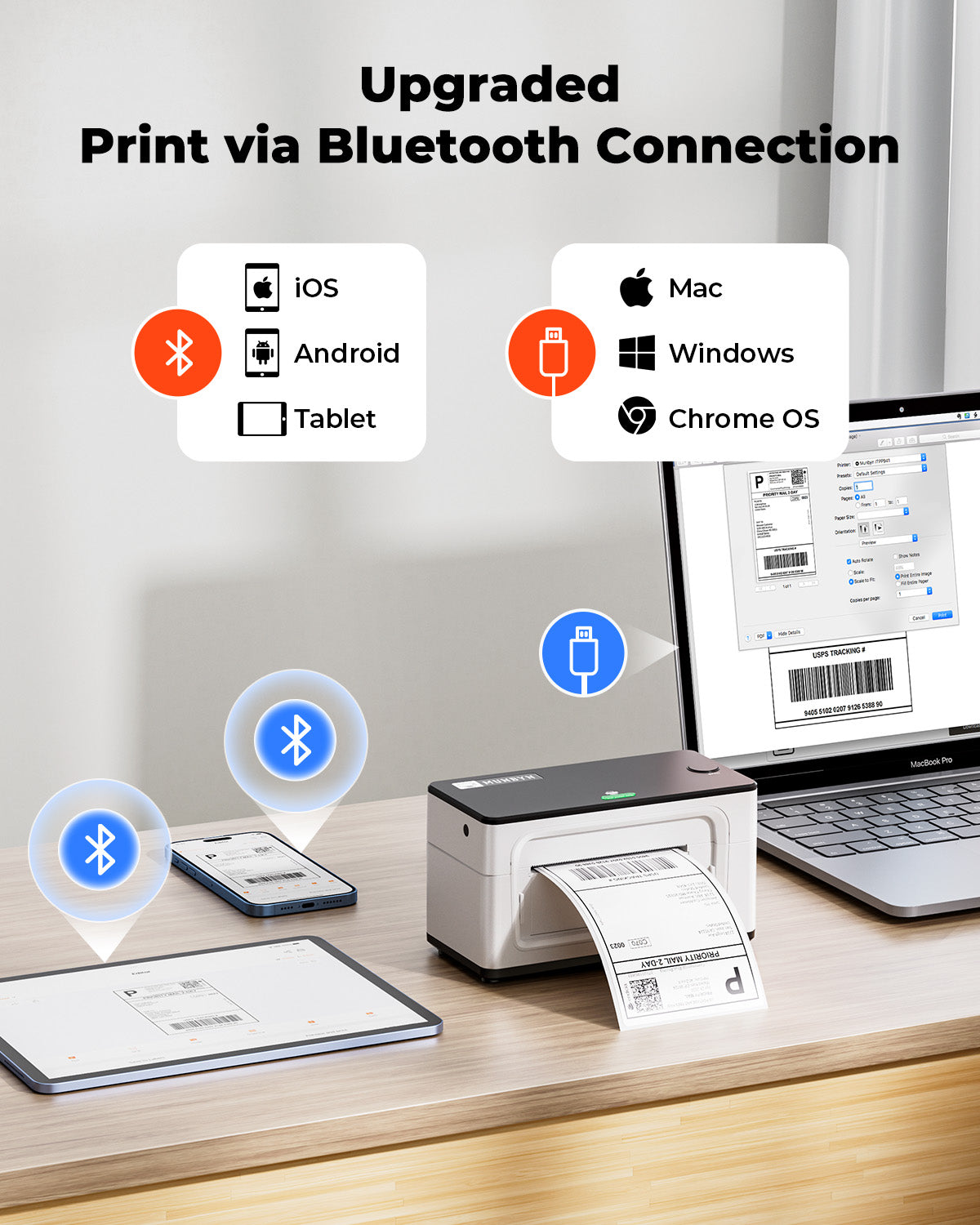 MUNBYN RealWriter 941BP thermal label printer kit with white and black components, designed for efficient label printing.