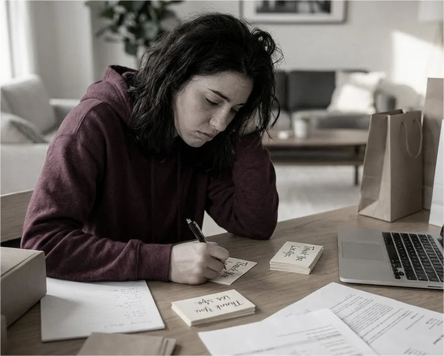 Person sitting at a table with a laptop and papers, writing in a notebook.