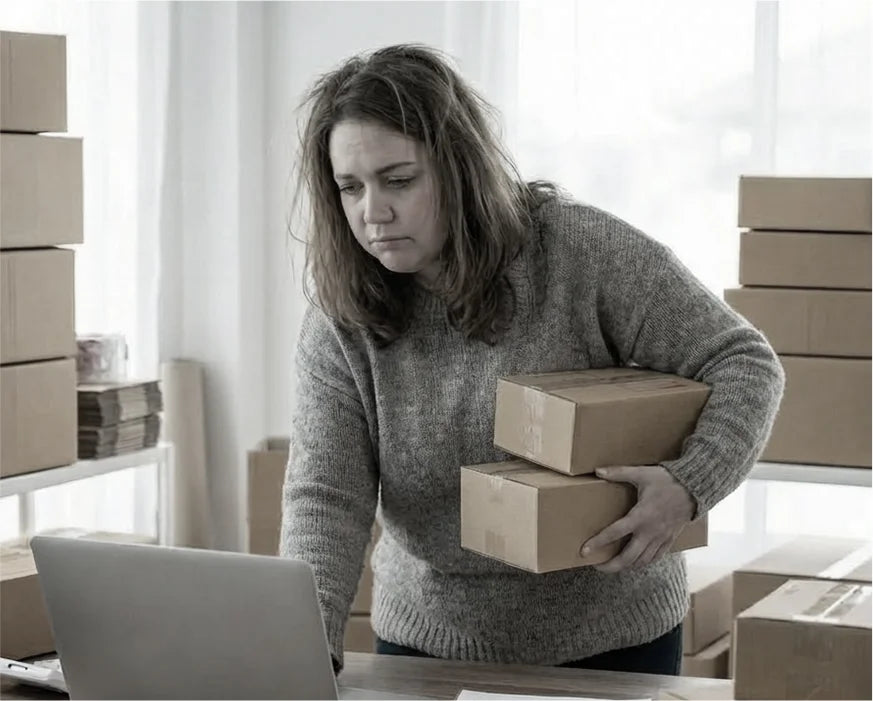 Woman holding boxes and looking at a laptop in a room with stacked boxes.