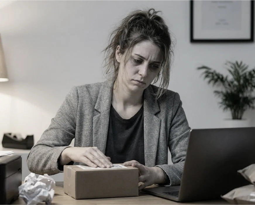 Woman sitting at a desk with a laptop and a box, appearing stressed or tired.