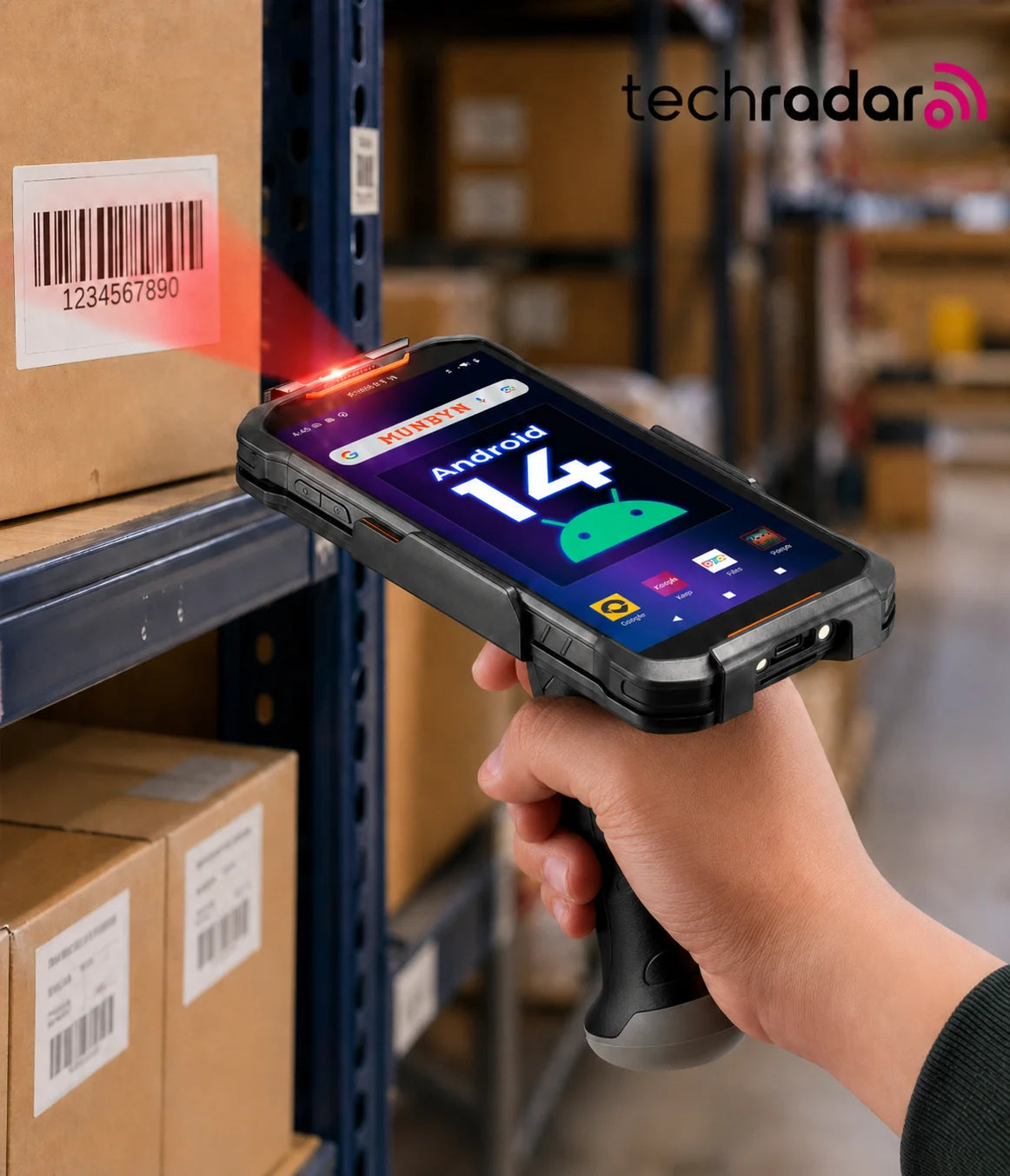 Hand holding a Munbyn rugged mobile computer with Android 14 display in a warehouse setting, scanning a barcode.