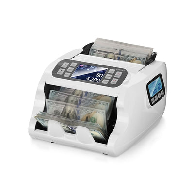 MUNBYN IMC22 money counter machine counting banknotes, white compact currency counting device with digital display