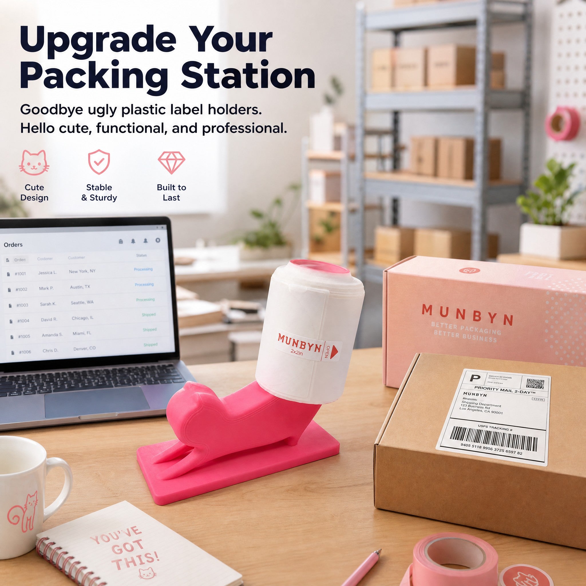 MUNBYN Cat Shaped 3D Printed Thermal Printer Paper Roll Holder 3 Pack