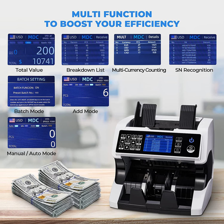 MUNBYN IMC01 Bank-Grade Money Counter | UV/IR/MG Detection for Mixed Bills & Multi-Currency