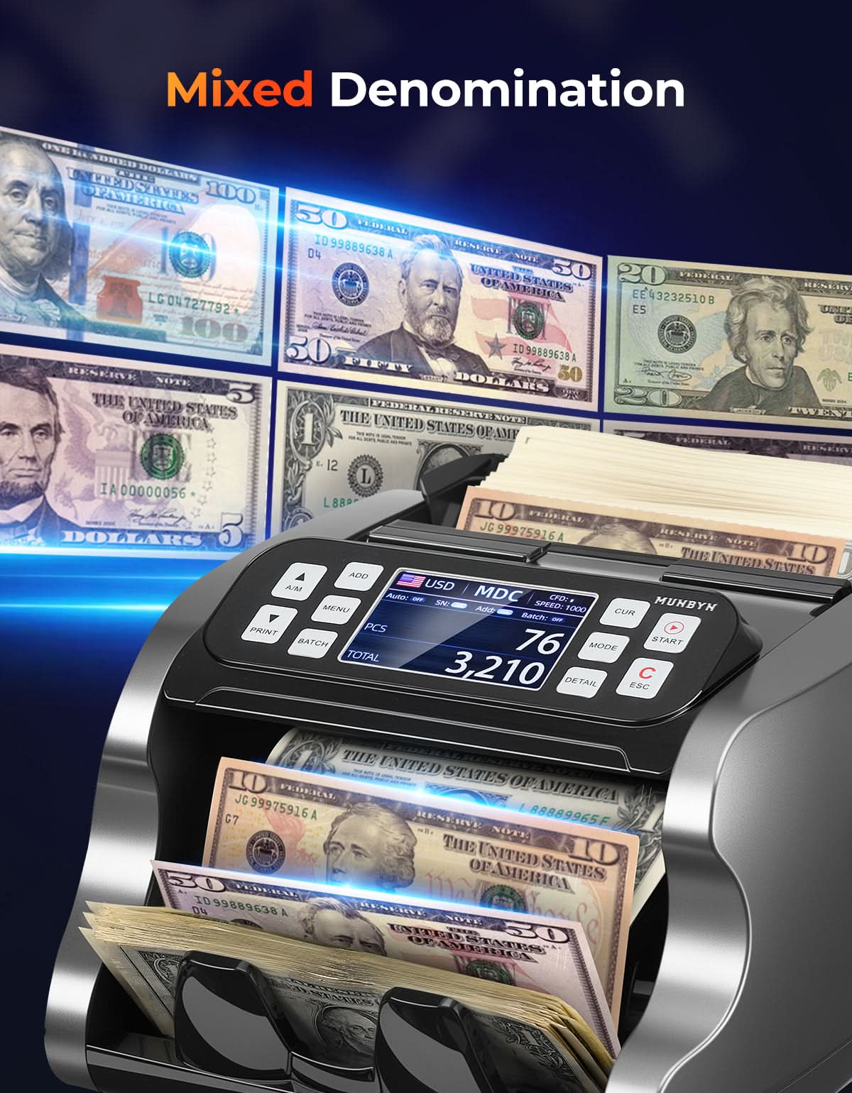 MUNBYN IMC22 money counter machine counting paper bills with digital display in a professional setting