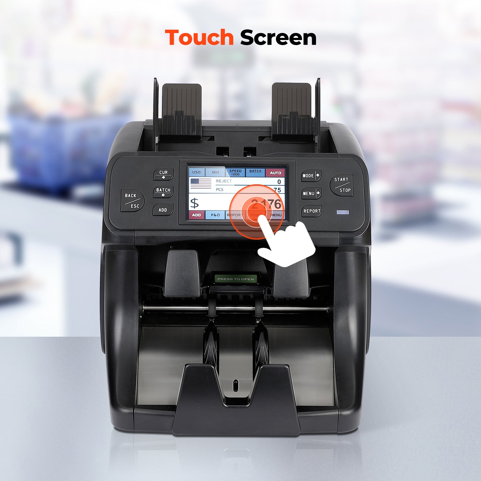 MUNBYN IMC40 money counter machine in black, showing bills being counted with digital display and control panel.