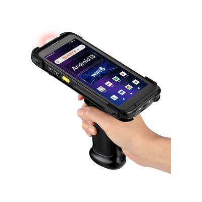 MUNBYN IPDA101P-LR Android barcode scanner with black handheld design and 2D barcode reading capabilities.