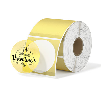 Two-inch gold labels printed on MUNBYN label printer paper, showcasing shiny gold adhesive labels for branding or packaging.