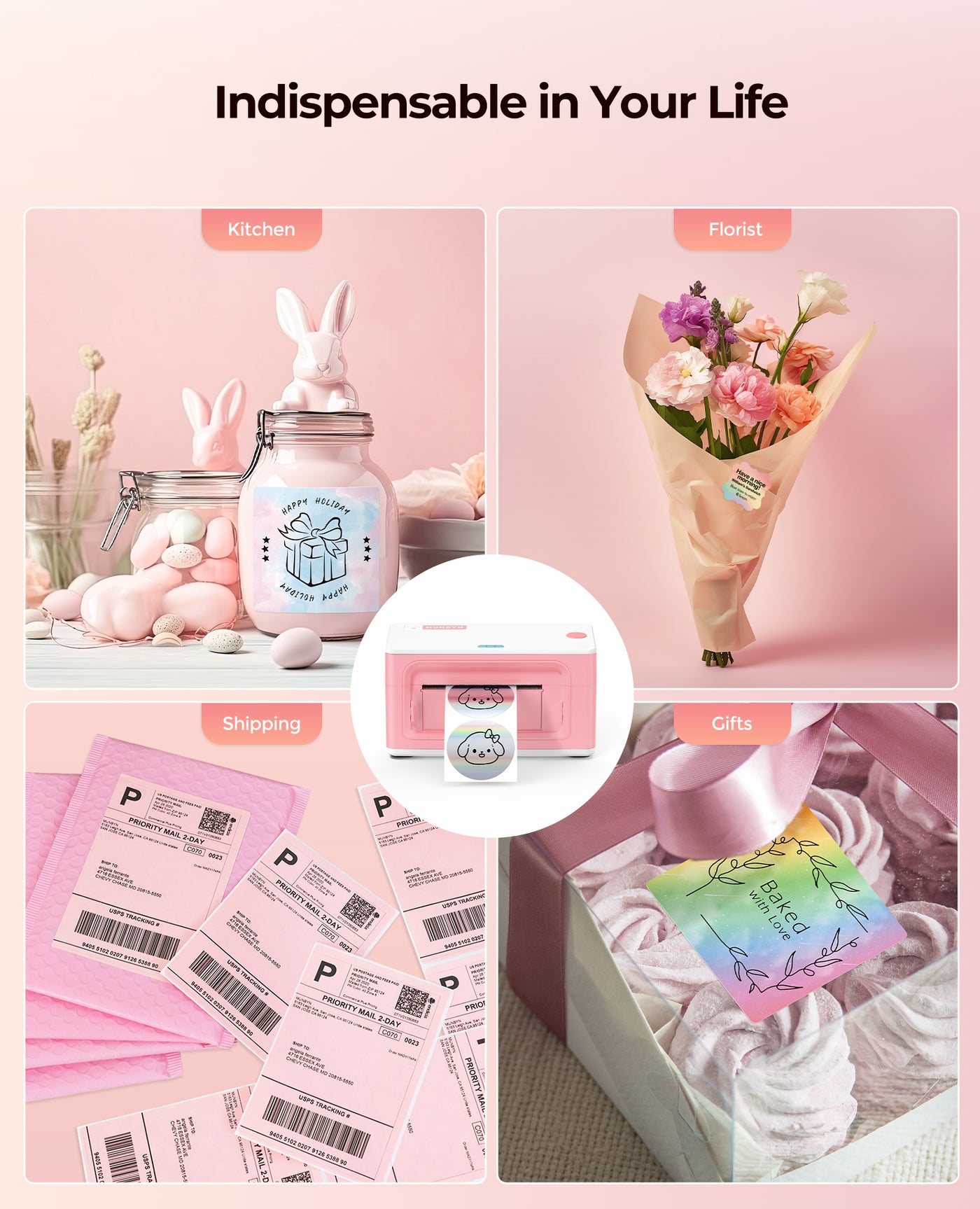 MUNBYN pink printer with various uses, including kitchen, florist, shipping, and gift scenarios