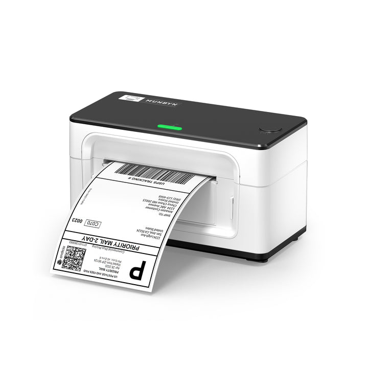 MUNBYN RealWriter 941B thermal label printer with white finish, showing front view of the compact thermal label printing device.