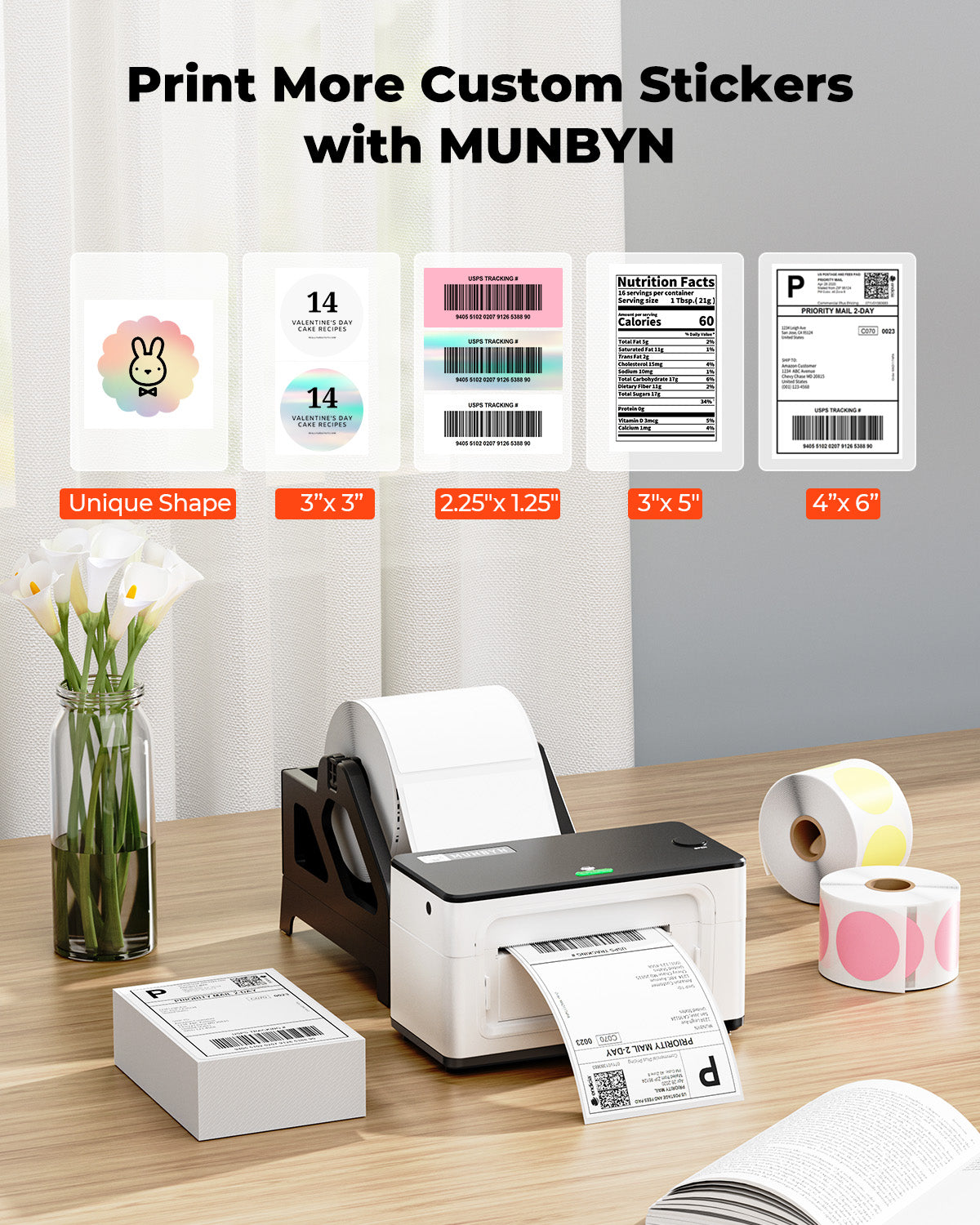 MUNBYN 941BP 300DPI Bluetooth Printer & Rectangle Labels Supplement Product Starter Kit