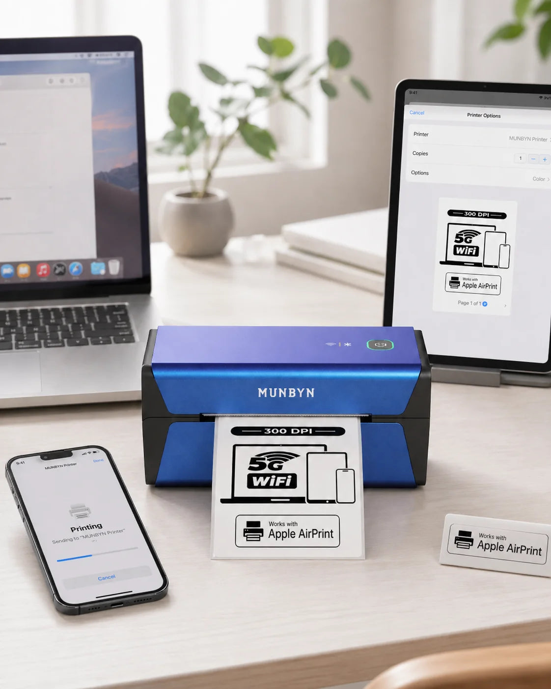 Blue MUNBYN 401AP printer on a desk with laptop, phone, and tablet displaying print-related apps.