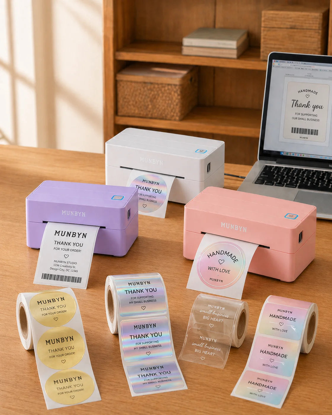 Munbyn label printers, a laptop, and rolls of printed labels on a wooden surface.