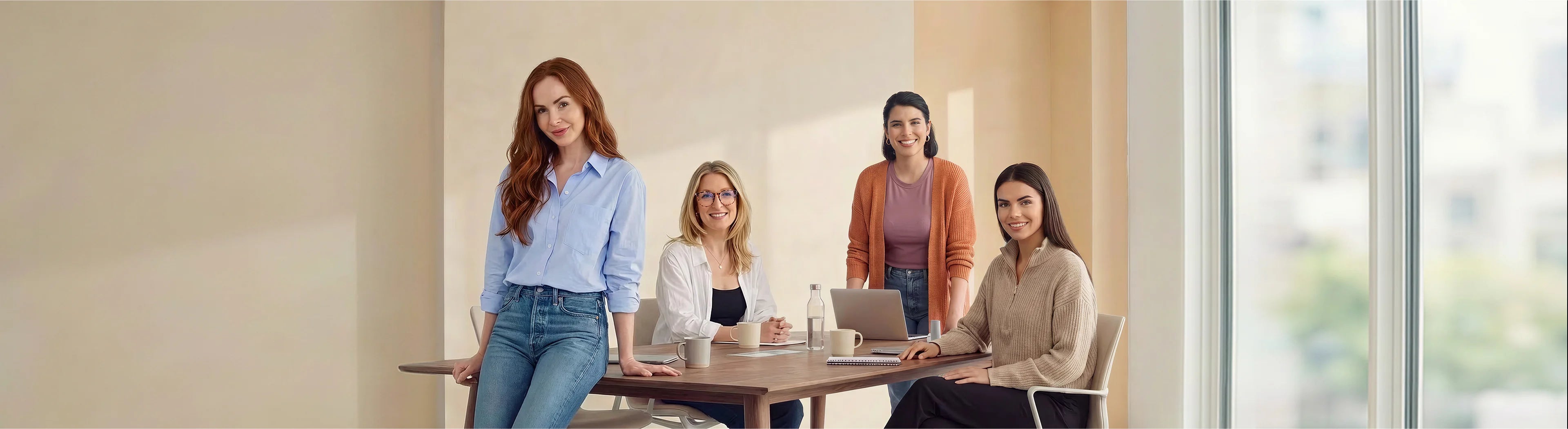 Munbyn Women Leadership Team standing around a table with laptops in an office setting