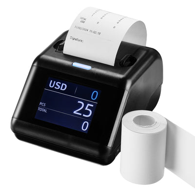 MUNBYN P01 thermal receipt printer printing on a receipt, compact design ideal for retail and hospitality use.