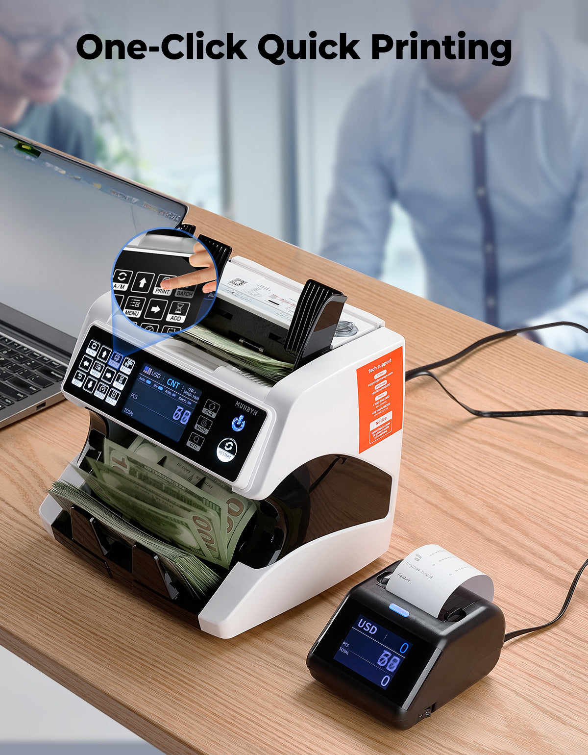 MUNBYN P01 thermal receipt printer with compact design and paper roll, ideal for retail and hospitality transactions.