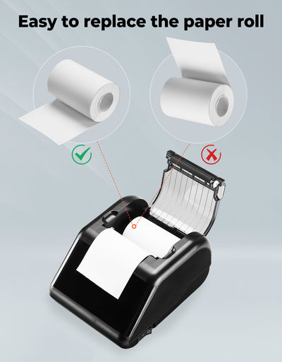 MUNBYN P01 thermal receipt printer with paper roll and control buttons, compact design for POS and retail use