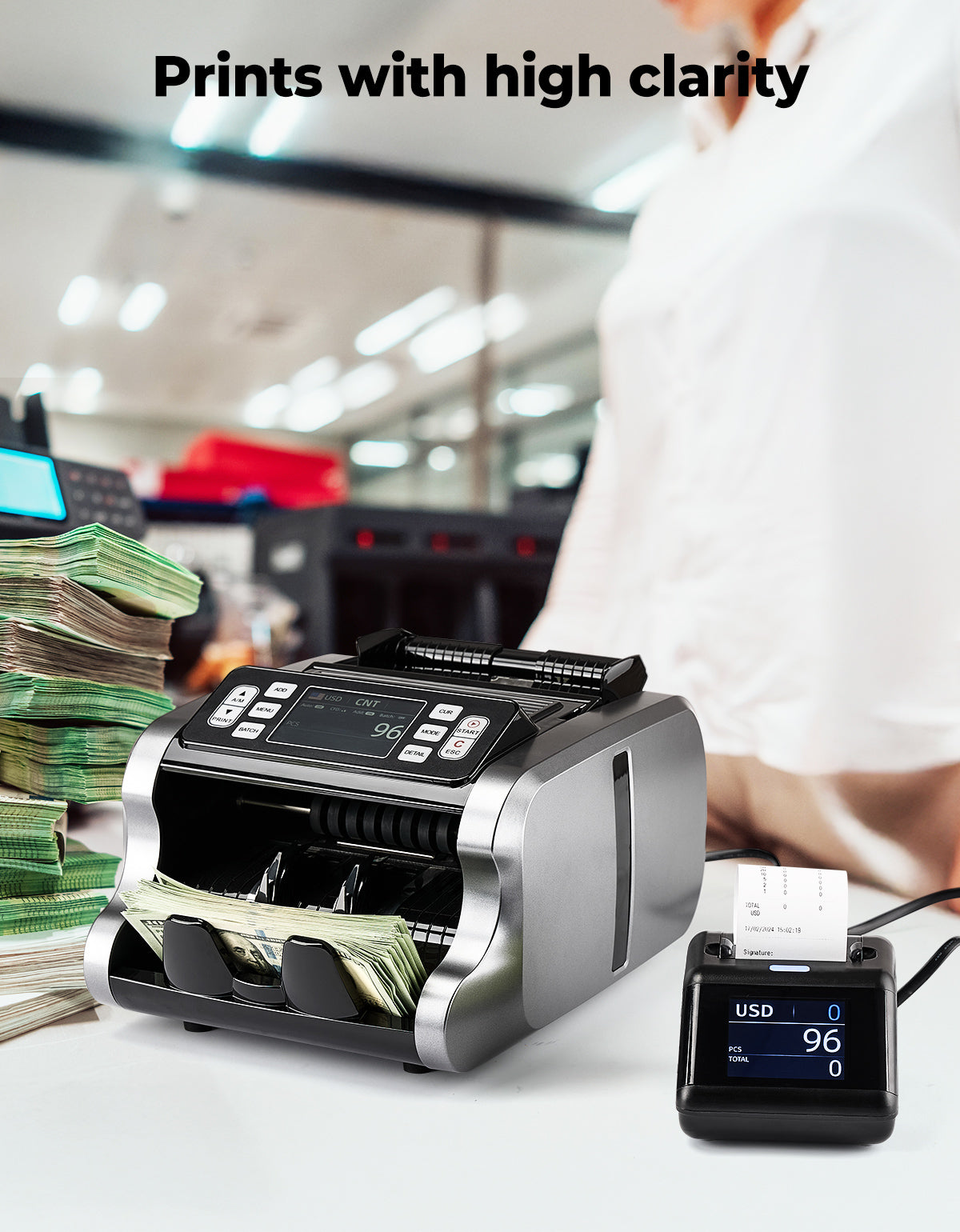 MUNBYN P01 thermal receipt printer showing paper roll and connection ports on a clean white background