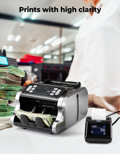 MUNBYN P01 thermal receipt printer showing paper roll and connection ports on a clean white background