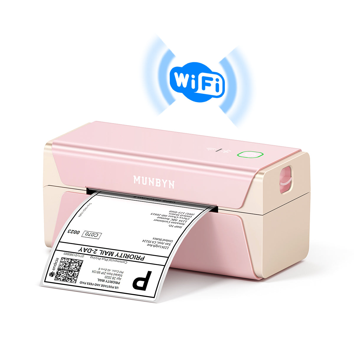 MUNBYN Voice Controlled Wireless Thermal Label Printer P44S connects to mobile phones using WiFi.