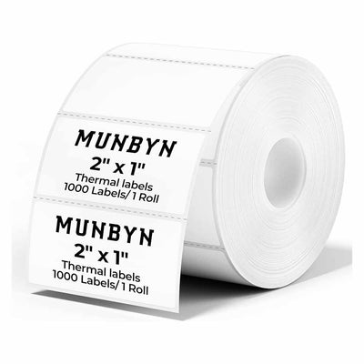 Two rectangular MUNBYN label printer paper sheets, 2x1 inches, with blank white labels ready for printing or organization.