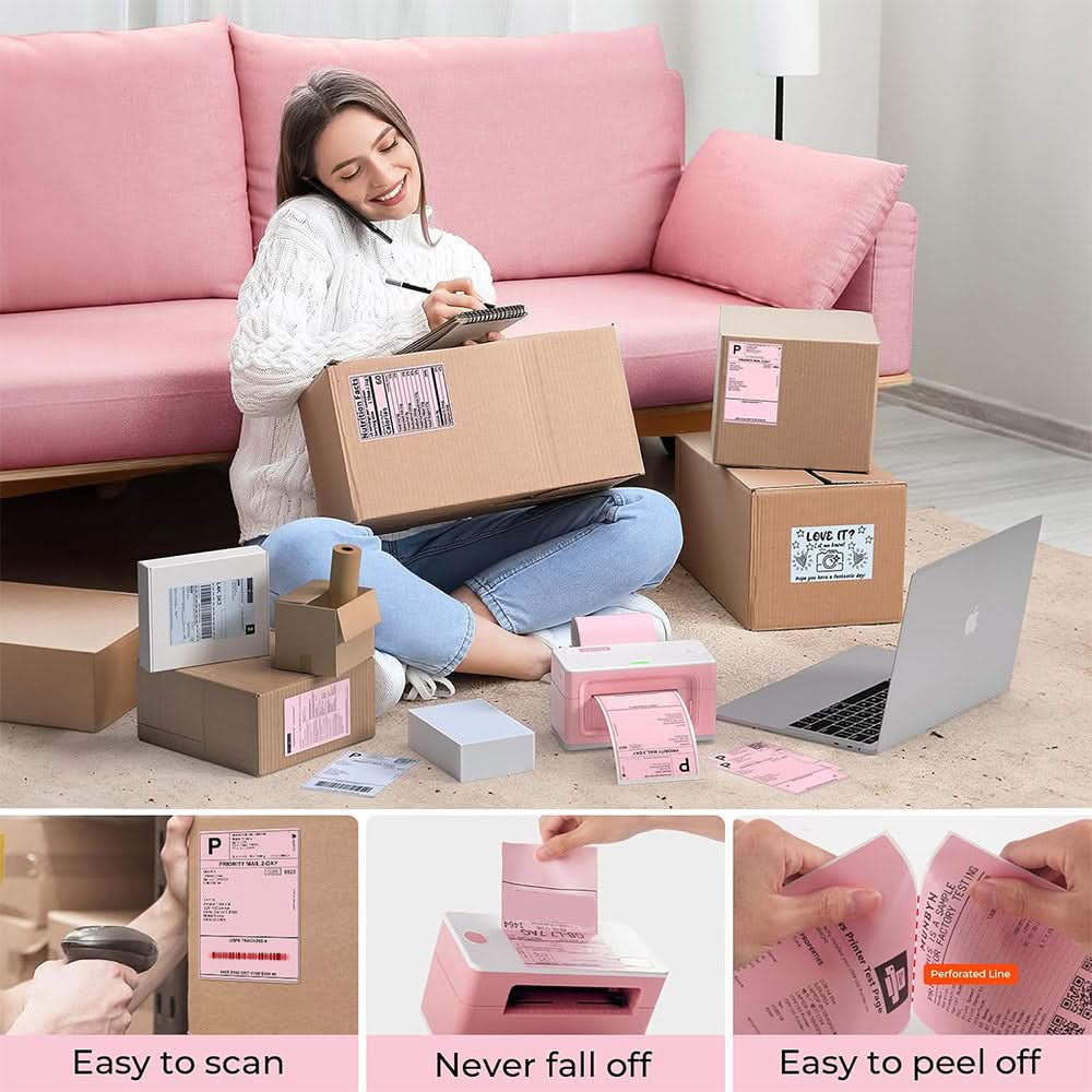 MUNBYN label printer paper pack with four rolls of test quantity count label paper for printing labels and receipts.