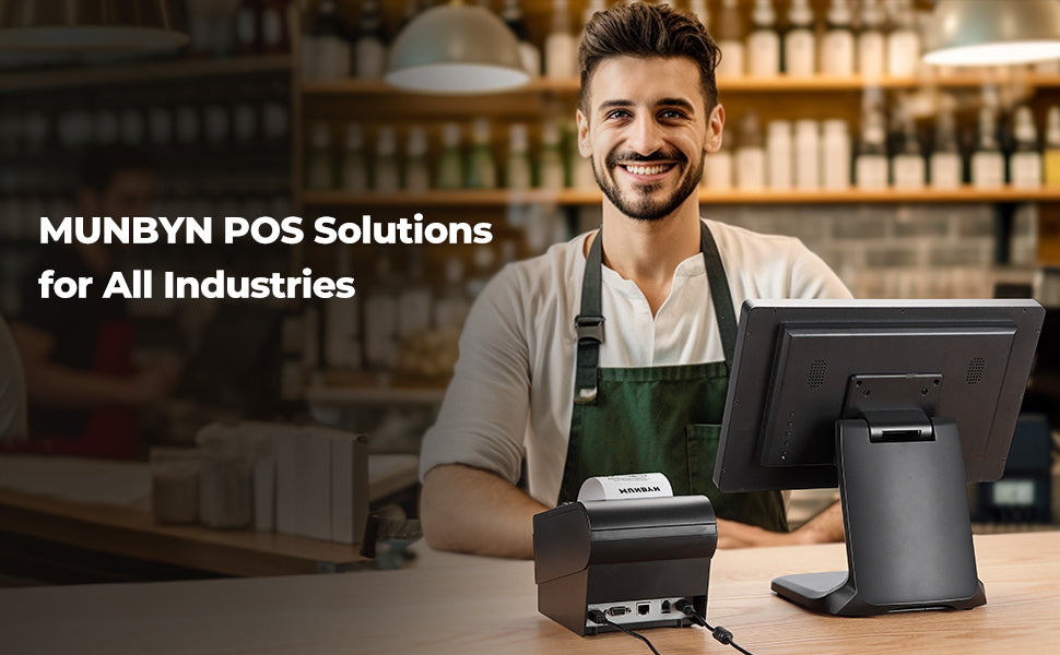 MUNBYN IPTS002 POS touchscreen monitor in a counter setup
