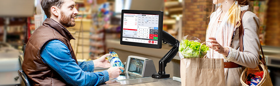 MUNBYN IPTS002 touchscreen monitor at a retail checkout