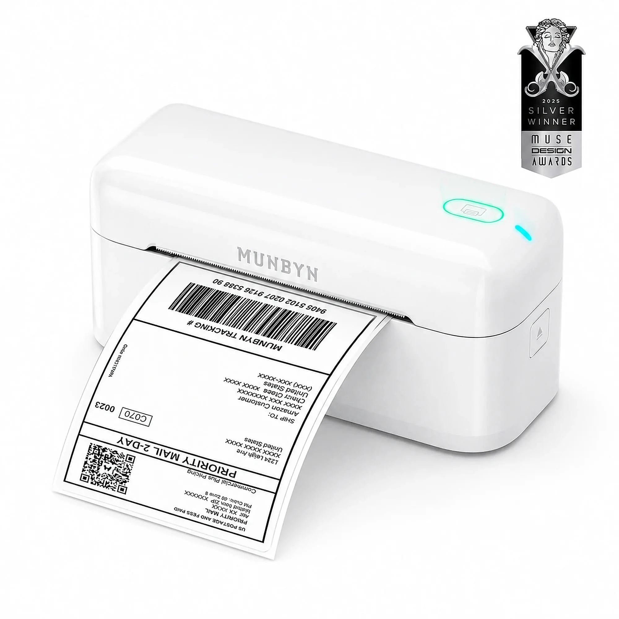 MUNBYN RealWriter 402B thermal label printer in white with paper loaded, designed for printing shipping and barcode labels.